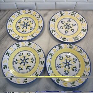 SET OF FOUR SOLIMAR PIER 1 POTTERY DINNER PLATES BLUE AND YELLOW Gw994